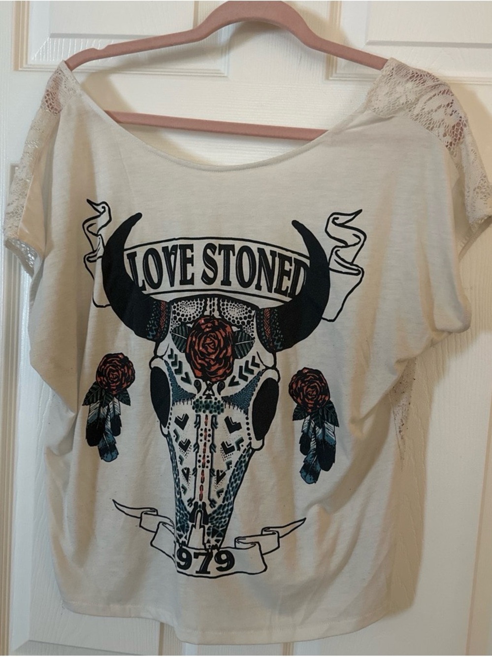Forever 21 Cream Graphic Lace-Sleeve Tee - Love Stoned Skull